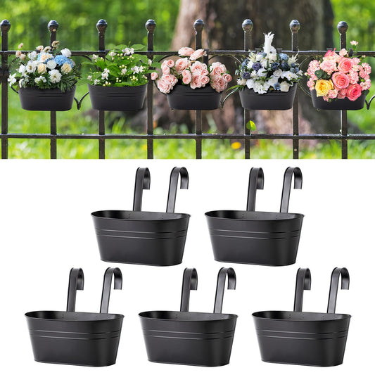 5 Pcs Iron Hanging Flower Pots 11 Inch Hanging Planters for Outdoor Plants Metal Hanging Bucket Pots Iron Railing Fence Planter with Drainage Holes and Hooks for Porch Railing Balcony Fence(Black)
