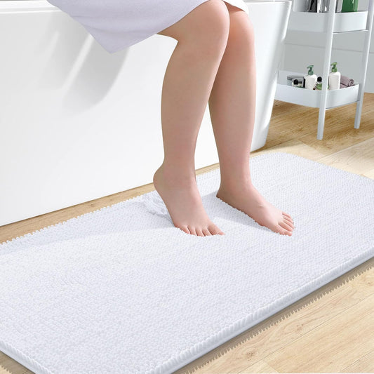 OLANLY Bathroom Runner Rugs - Extra Soft Chenille Bath Mats | 47x24, Quick Dry, Machine Washable, White