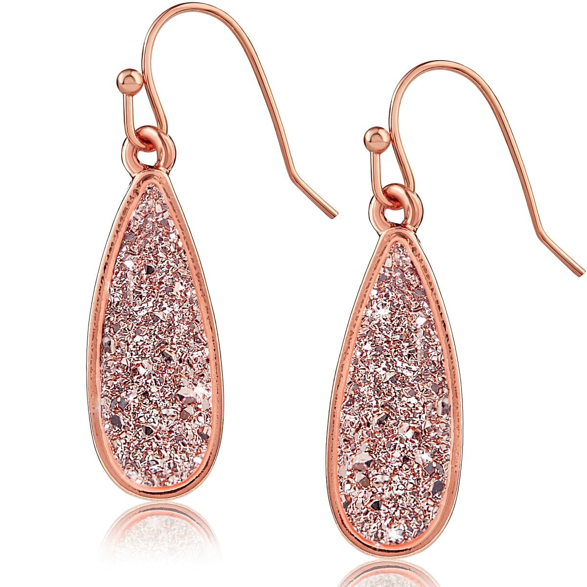 Rose Gold Tone Dangle Earrings for Women - Boho Rose Gold Tone Earrings Dangle, Simulated Druzy Dangly Teardrop Hanging Bohemian Drops, Sparkly Long Tear Drop Dangling Bridal and Bridesmaid Jewelry