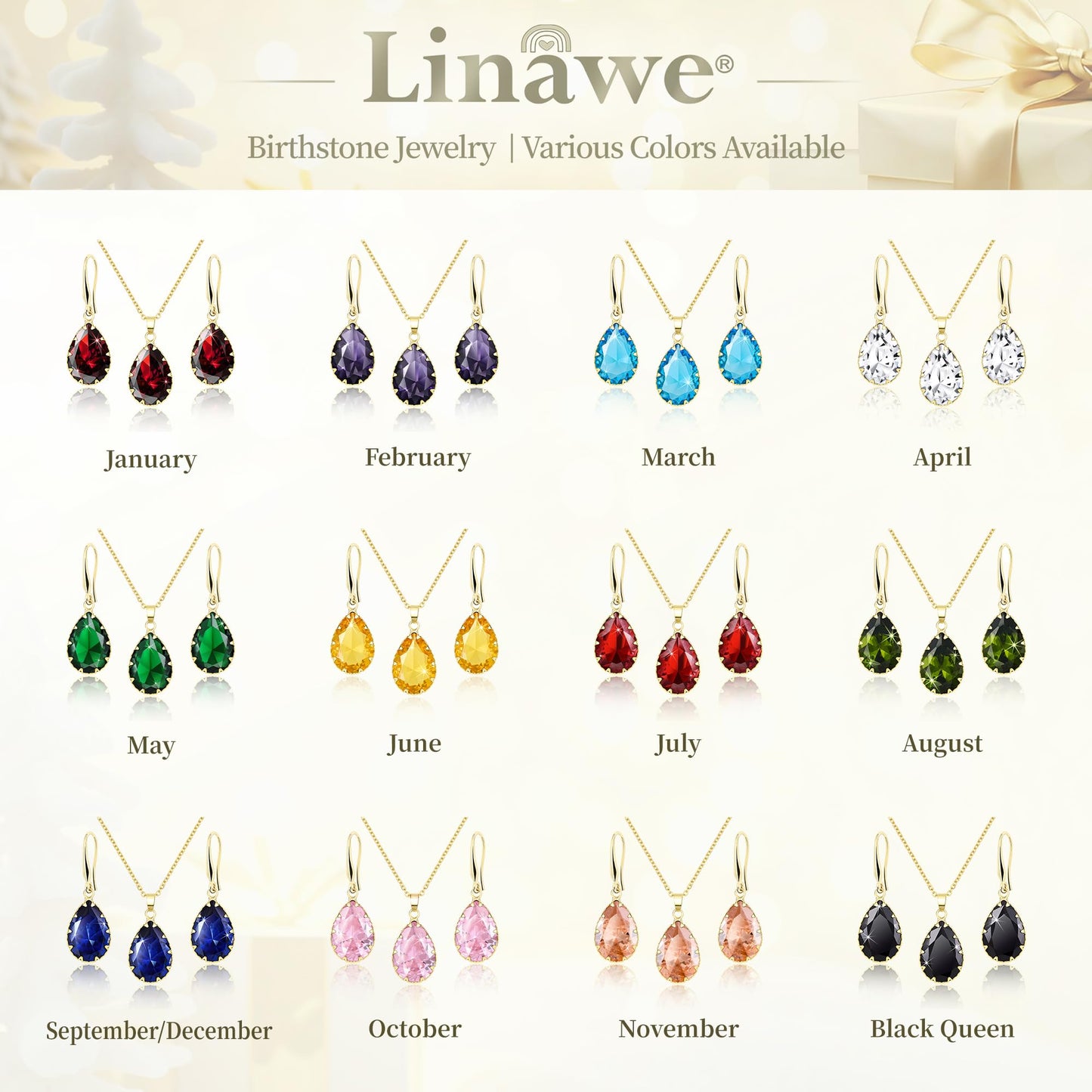 Linawe Sapphire Crystal Gold Earring Set, Blue Pendant Necklace Set, Boho Gold Jewelry Sets for Women, Imitation Diamond Rhinestone Matching Necklace, Cubic Zirconia Birthstone Earrings