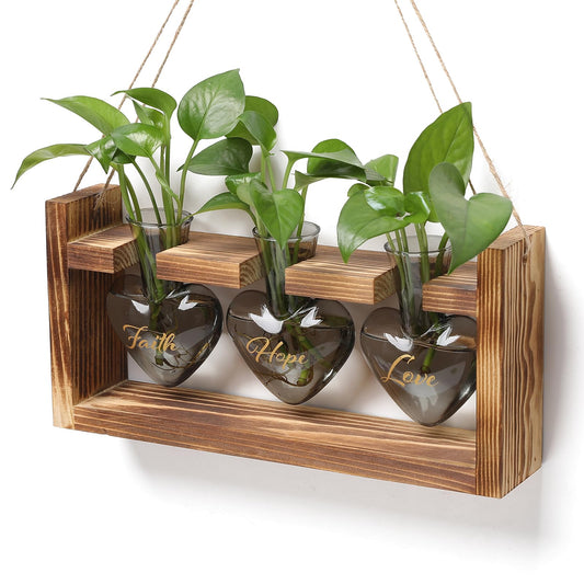 Plant Terrarium Propagation Stations Faith Hope Love Hydroponics Home Garden Decoration Gift for Women with Wooden Stand Heart Shaped Colored Glass Vase