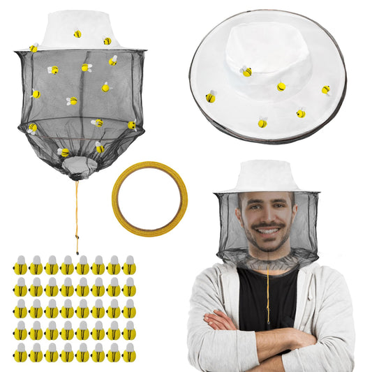Beekeeper Hat Costume Set Includes 2 Beekeeper Hats and Veils, 40 Felt Bees, 1 Roll Of Double-Sided Tape, A Helmet, And A Fun Beecatcher Costume For A Halloween-Themed Party DIY