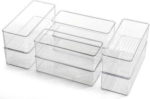 Hudgan Clear Plastic Drawer Organizers - Stackable Deep Organizers for Makeup & Desk | 8 Pack, 2 Sizes