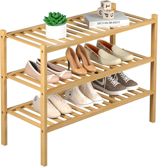 ROMGUAR CRAFT 3-Tier Bamboo Shoe Rack - Stackable Wood Storage Organizer for Small Spaces | 27"x11"x20" (Natural)