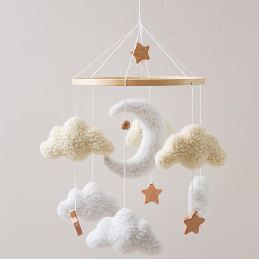 Baby Mobile for Crib – Handmade Moon & Cloud Baby Crib Mobile with Plush Sherpa Texture, Nursery Mobiles Felt Hanging Toy with Beech Wood Ring, Mobile for Crib Neutral Bassinet Baby Decor Gift