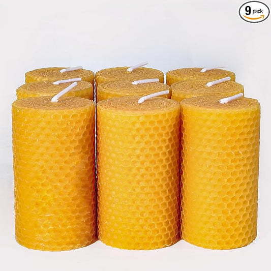 Beeswax Pillar Candles Bulk Set of 9 Handmade from 100% Pure Natural Rolled Bees Wax - Measures 2" x 3.4", Great for Home Decor, Party & Events, 10-12 Hour Burn Time