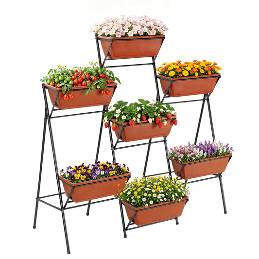 Sunexinlo 5-Tier Vertical Garden Planter with 7 Plant Boxes & Drainage Trays, Metal Freestanding Raised Bed for Herbs Flowers Vegetables, Indoor Outdoor for Patio Balcony Deck, Brick Red