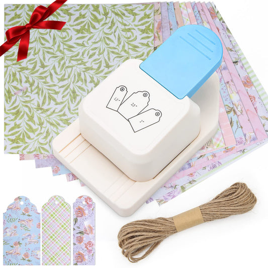 3 in 1 Craft Tag Punch, Windspeed 1.5/2/ 2.5 Inches Tag Shaped Paper Puncher Craft Tag Punch Gift Tag Paper Puncher with Rope/Scrapbooking Cards for DIY Arts Crafts