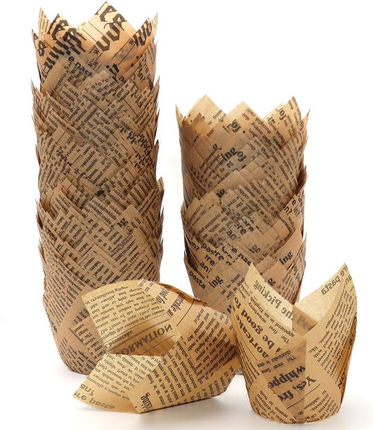 Skiennix Tulip Cupcake Liners - 150 Grease-Proof Baking Cups for Weddings & Parties | Standard Size, Natural Newspaper Print