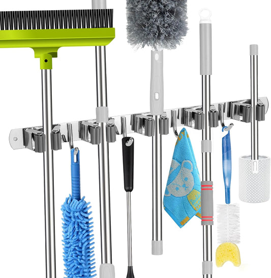 Voze Mop and Broom Holder - 5 Racks & 4 Hooks, Heavy-Duty Wall Mount Organizer for Home & Garage