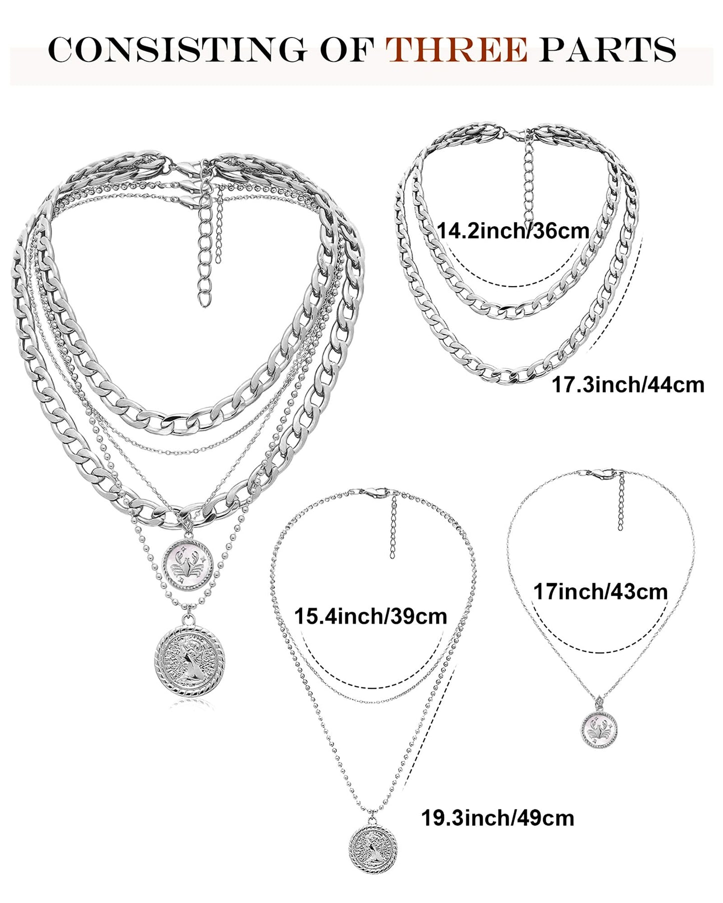 MJartoria Gold Layered Necklaces for Women Trendy Retro Coin Pendant Necklace Dainty Chunky Chain Choker Necklaces for Jewelry Birthday Gifts (Silver, Zodiac-Cancer-3PCS Layered)
