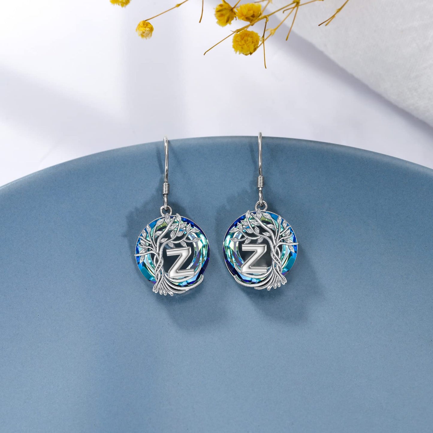 TOUPOP Tree of Life Initial Earrings Sterling Silver Initial Z Letter Drop Dangle Earrings Blue Circle Crystal Family Tree Jewelry Birthday Mothers Day Gifts for Women Mom Her