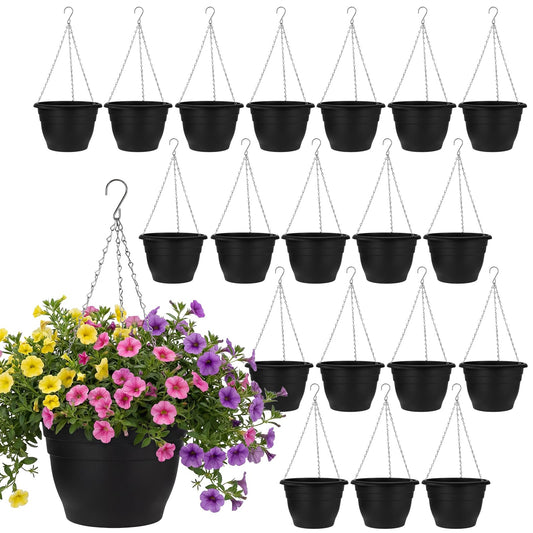 Romooa 20 Pack 10 Inch Plastic Hanging Planter Bulk Black Hanging Baskets for Plants with Drainage Trays Self Watering Plant Pot Outdoor Indoor Planter for Garden, Balcony, Porch, Patio Decor