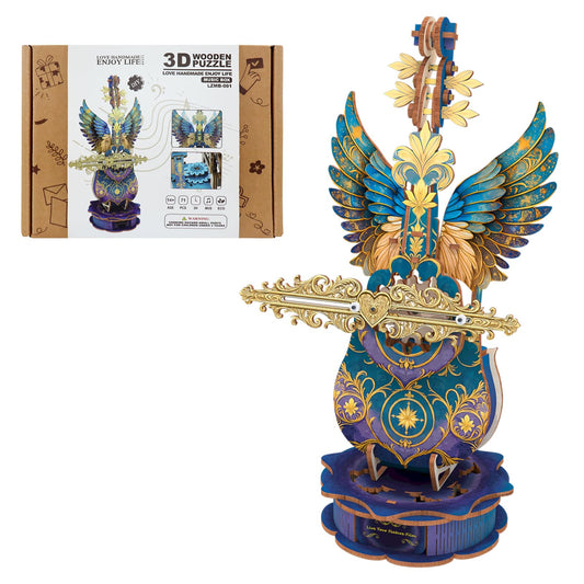 3D Wooden Puzzles for Adults, Mechanical Cello Music Box Kit with Base, DIY Wooden Model Kits to Build, Birthday Valentine's Day Gifts for Women Men, Music Box Puzzle Lover