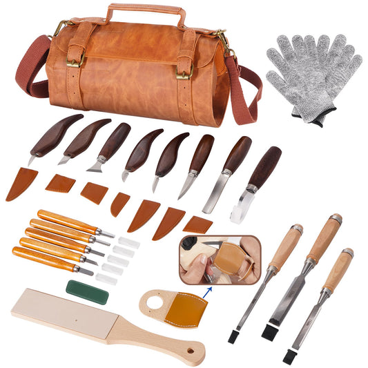 Premium Professional Wood Carving Kit - 28pcs wood carving Tools set whittling kit Ergonomic Walnut Handles, Razor-Sharp High-Carbon Steel Blades