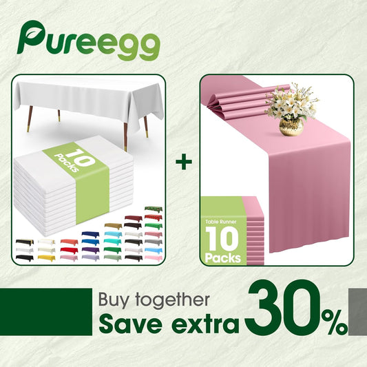 Pureegg Disposable Table Set - 10 Pack White & Pink Tablecloths (54''x108'') & Runners (14''x108'') - Leakproof & Stain-Resistant for Events