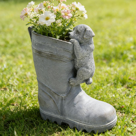 Juliahestia Funny Dog Planter Boot Shaped Resin Pot for Indoor Outdoor Plants Cute Fun Planters for House Patio Porch Decor Succulent Flower Lovers Unique Animal Garden Decorative Pot