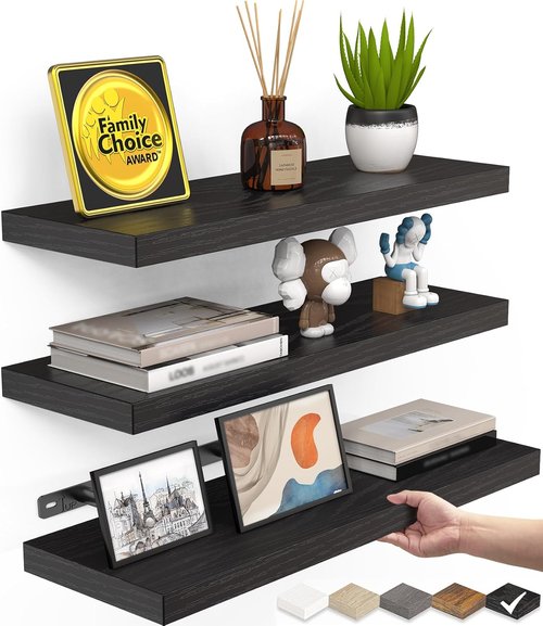 BAYKA Floating Shelves - Rustic Wall-Mounted Wood Shelves for Home Decor | Set of 3, 15.7in, Black