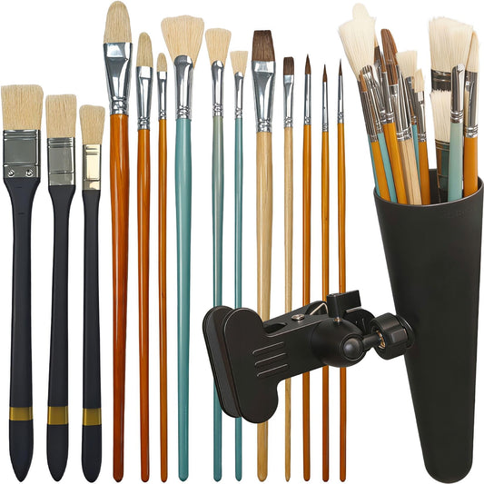 14 Paint Brushes Set with Brush Holder, Includes Hog Bristle & Weasel Hair Brushes for Oil, Acrylic, and Watercolor, Rotating Metal Clamp Convenient Storage and Positioning During Painting