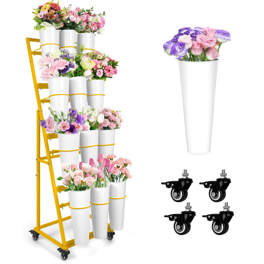 ZpigToor Flower Display Stand With 12 Buckets,4-Tier Flower Bar with Wheels,Flower Cart Display Stand for Florist Garden Wedding Home Decor (Gold)