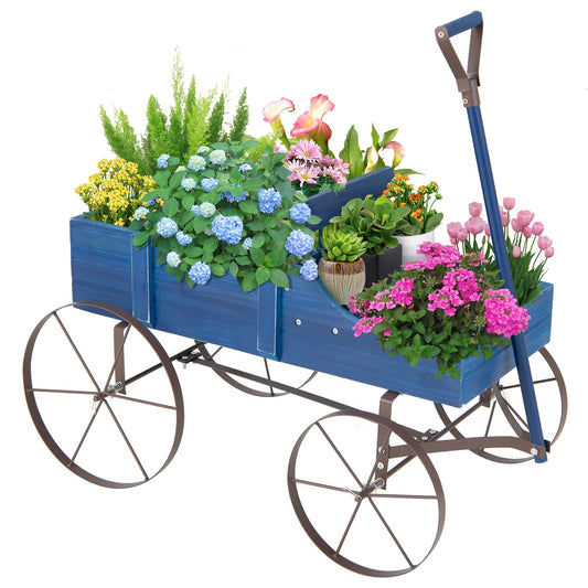 HAPPYGRILL Wooden Wagon Planter, 24.5” x 13.5” x 24” Decorative Garden Planter w/ 2 Planting Sections, Wheels, Handle, Small Decorated Cart, Flower Planter Box for Indoor Outdoor Festival Patio (Blue)