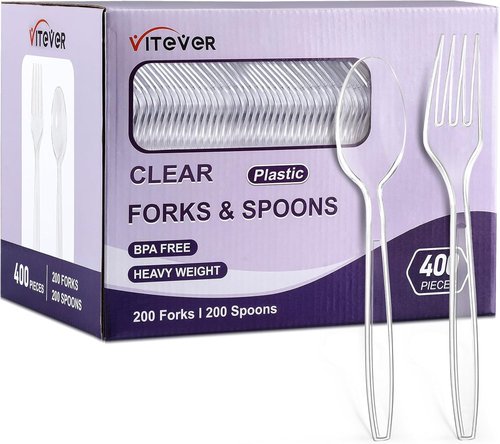 Clear Plastic Forks and Spoons Set by [Brand Name] - Heavy Duty Disposable Utensils for Parties | 400 Count