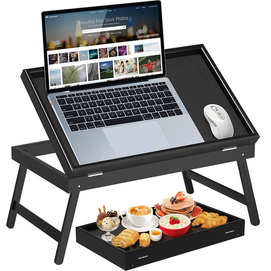 Bamboo Bed Tray Table,Breakfast Trays with Folding Legs,Kitchen Serving Tray for Sofa,Eating and Working,Used As Laptop Desk Snack Tray,Black