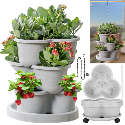Birheatry Vertical Strawberry Planter 3 Tier Hanging Vertical Gardening Stackable Planter, Hanging Strawberry Planter Pot for Strawberries, Flowers, Herbs, Vegetables with Removable Wheels and Hooks