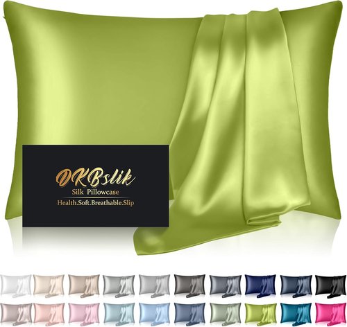 Mulberry Silk Pillowcase - Standard Size, Natural Silk for Hair & Skin, Olive Green with Zipper