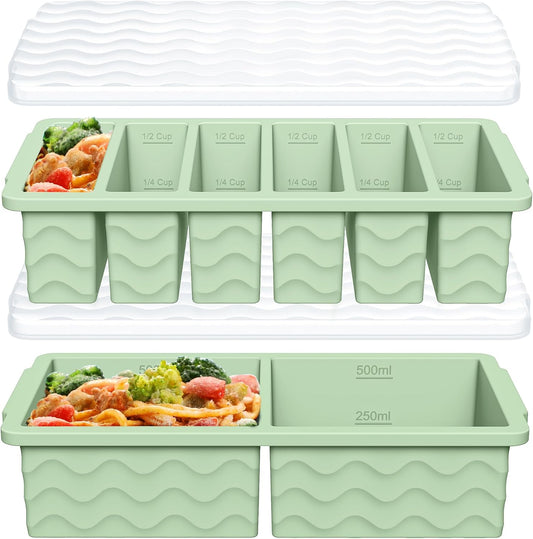 Skiennix Silicone Freezer Trays - 2-Pack with Lid for Meal Prep | 2 Large 2-Cup & 6 Small 1/2-Cup