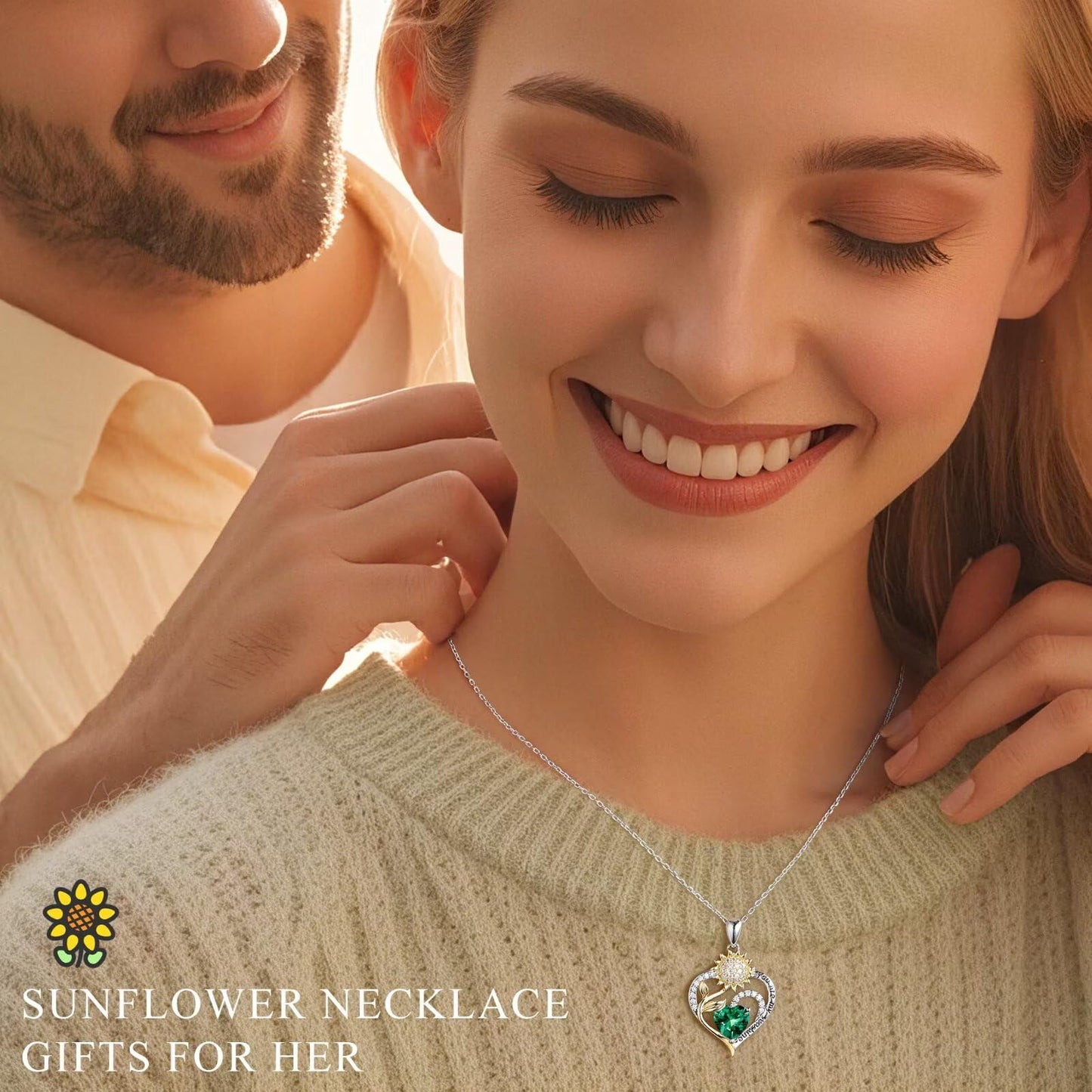 Iefil Sunflower Gifts for Women, Sunflower Necklace, Anniversary Birthday Gifts for Wife, October Lab-Created Pink Sapphire Jewelry, Birthstone Necklace for Women Wife Mom