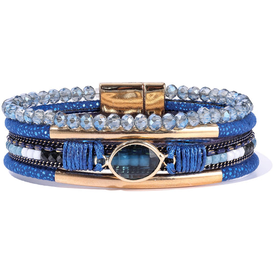 Becklynn Boho Leather Wrap Bracelets Beaded Crystal Stackable Cuff Bracelet with Magnetic Clasp Cowboy Cowgirl County Concert Outfits Western Jewelry Gifts for Women(Crystal Navy Blue)