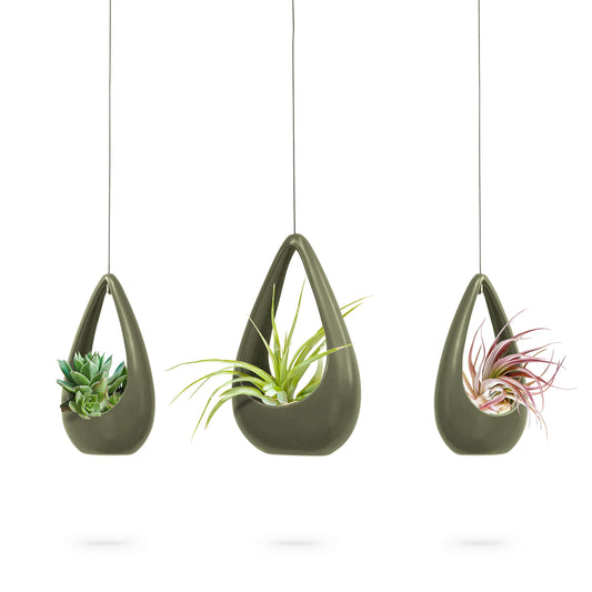 23 Bees, Hanging Air Plant Holder, Green Hanger Ceramic Planter, Small Floating Succulent Pots Container, Cactus Holders with Metal Wire, 3 Pack (3 Pack x Green)