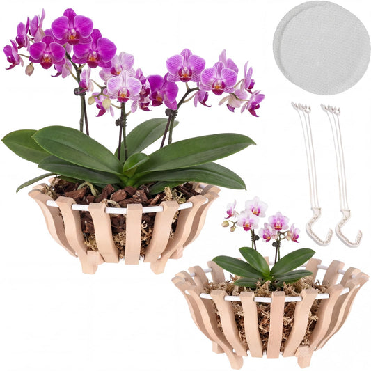Ferrochef 2 Sets Rustic Orchid Pots with Holes, Orchid Hanging Planter with Hangers, Wooden Lotus Flower Shape 10 & 8 Inch Specialist Hanging Baskets for Outdoor Patio Garden