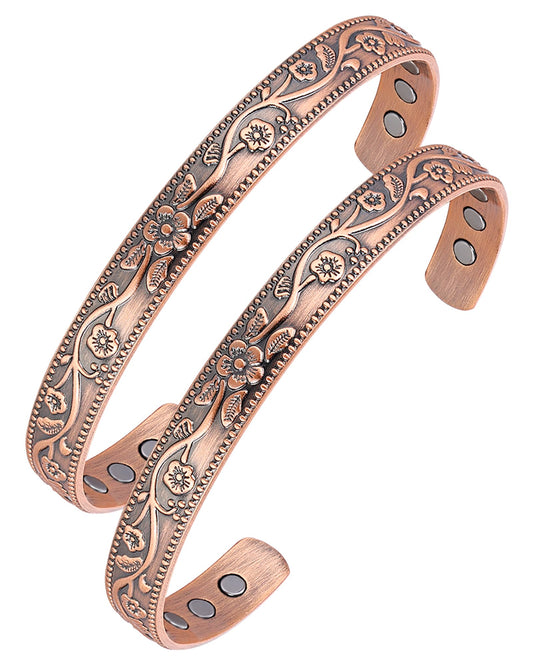 BioMag Copper Bracelet & Ring for Women, 99.99% Pure Copper Magnetic Bracelet Lymphatic Drainage Rings with 3500 Gauss Magnets, Adjustable & Flower Pattern (Copper-C-2PCS)