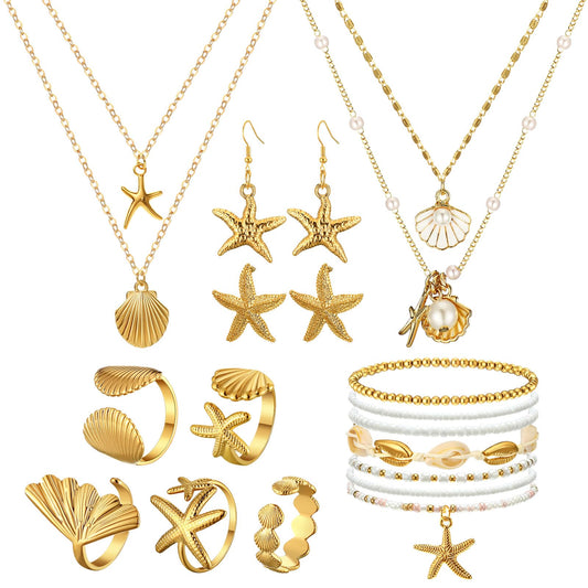 16 Pcs Seashell Starfish Jewelry Set for Women Seashell Earrings Rings Boho Layer Charm Necklace Summer Beach Bracelets Natural White Anklet for Summer Holiday Vacation Accessories(Gold,Shell)