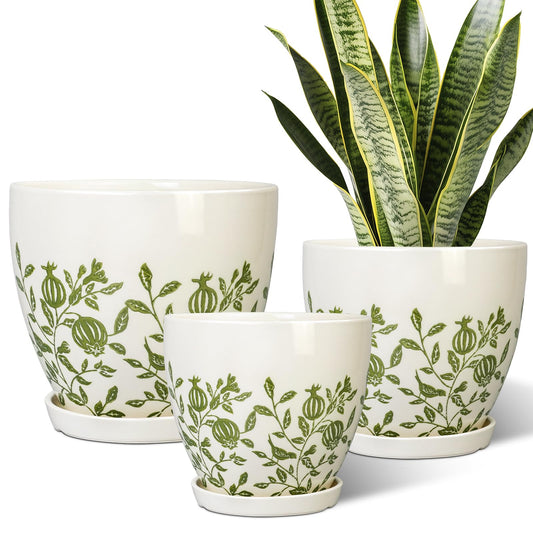 MPotTo Ceramic Flower Pots Indoor - 10+8+6 Inch Ceramic Planters for Outdoor Plants, Boho Round Planter Pots with Drainage Holes and Saucers, Plant Lover Gifts, Patio Decor, Set of 3, White