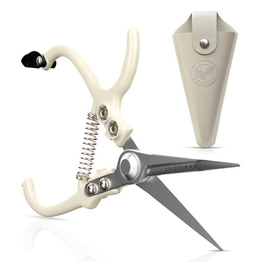LOOPSEED Plant Pruning Shears with Vegan Leather Sheath Garden Trimming Scissors with Belt Holster Bonsai Trimmers Herb Snips Flower Clippers Modern Tools 2 Piece Bundle (Cream Pruner Beige Sheath)
