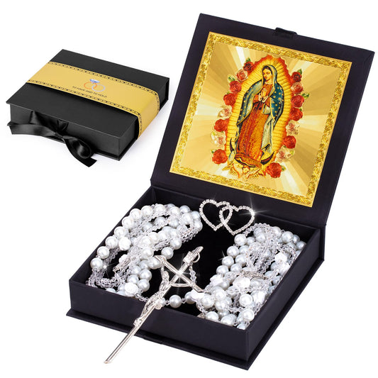 FUNPAR Lazo Para Boda, Pearl Wedding Lasso for Ceremony Catholic Gift, Rosario Lazos Para Boda Catolica, Lazo De Bodas Para Los Novios, Lasso for Wedding Ceremony, Wedding Pearl Rosary(Silver)