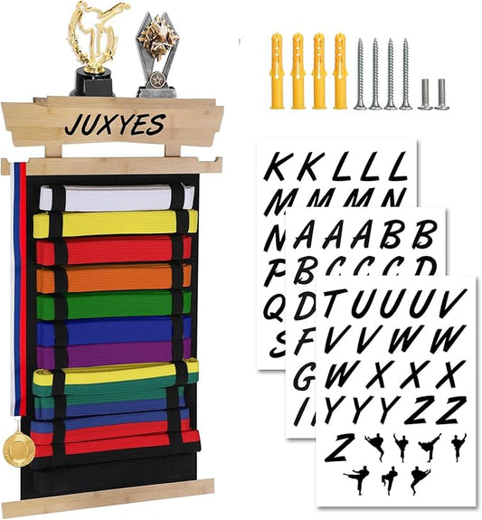 JUXYES Wall Hanging Martial Arts Belts Organizer with Trophy and Medal Display Rack, Bamboo Karate Belt Display Holder Rack, Wall Mounted Taekwondo Belt Display Holder for Martial Arts Learners
