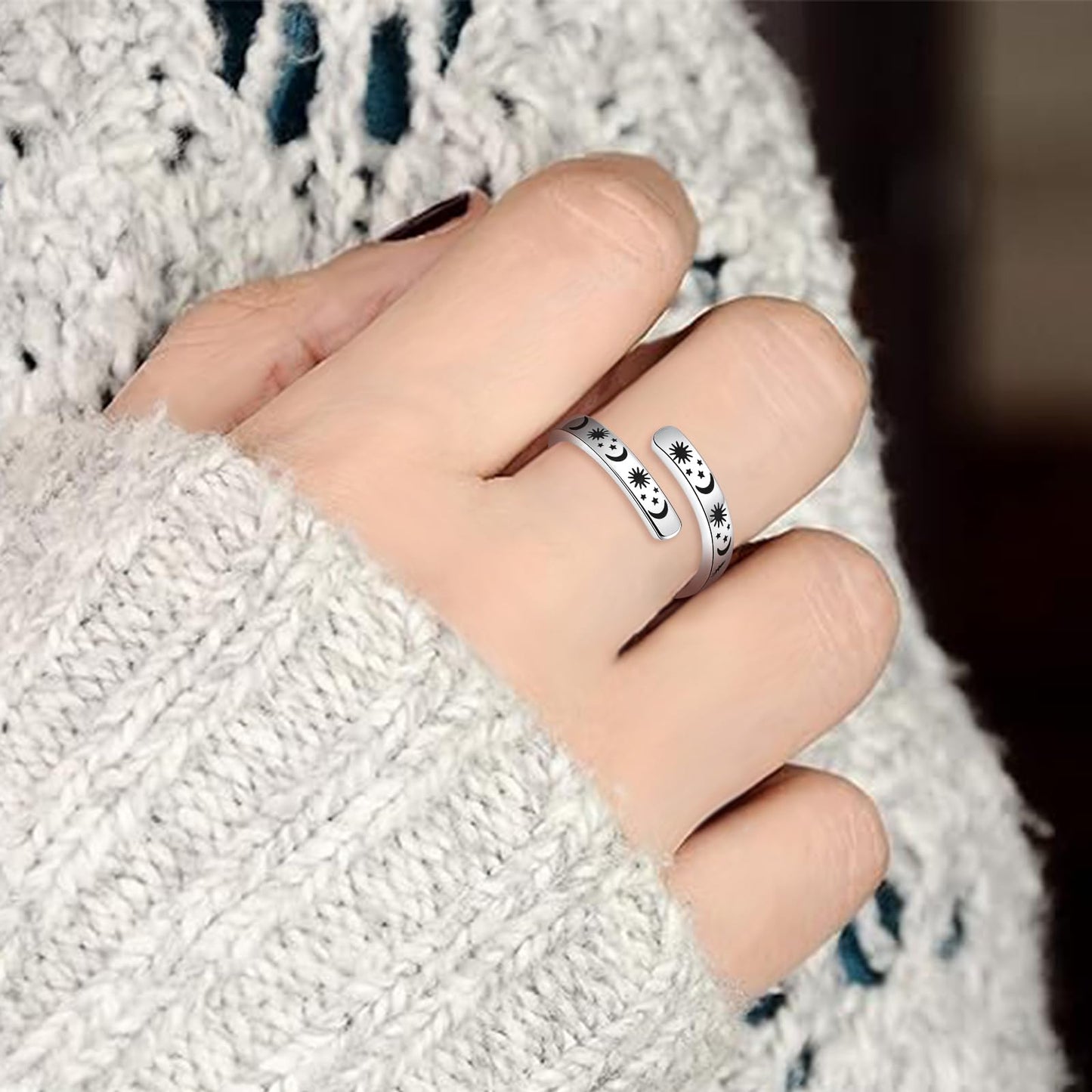 925 Sterling Silver Inspirational Jewelry Adjustable Wrap Open Ring Encouragement Gift for Women (Sun & Moon - Beautiful * you can do amazing things)