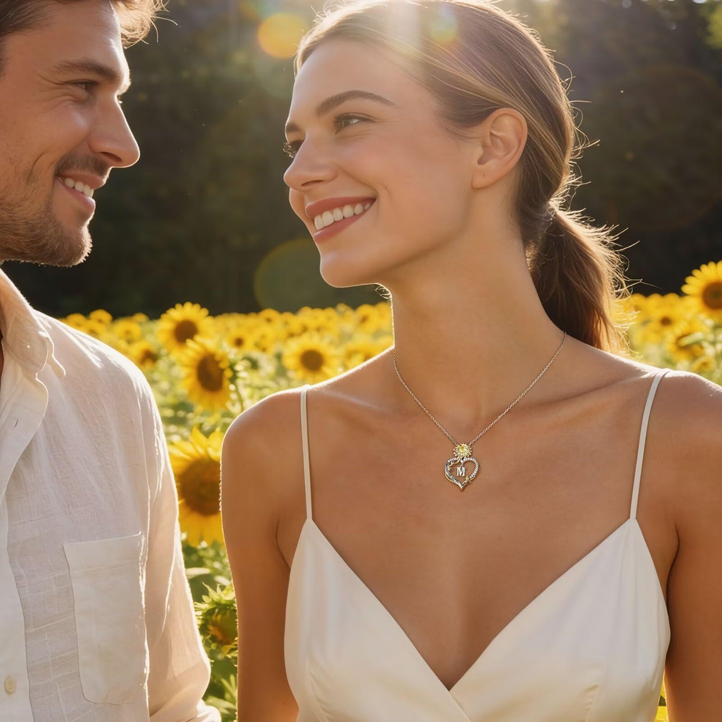 MONOOC Sunflower Gifts for Women - 14K-White-Gold-Plated Sunflower Initial Necklaces for Woman Heart Initial Letter T Necklace, Anniversary Birthday Gifts for Women Jewelry Wife Mom Gift