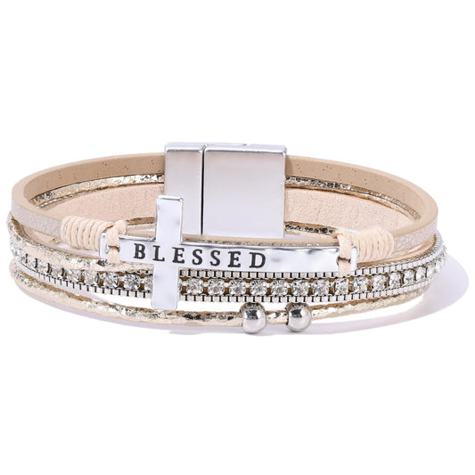 Becklynn Boho Leather Wrap Bracelets Beaded Crystal Stackable Cuff Bracelet with Magnetic Clasp Cowboy Cowgirl County Concert Outfits Western Jewelry Gifts for Women(Cross Gold)