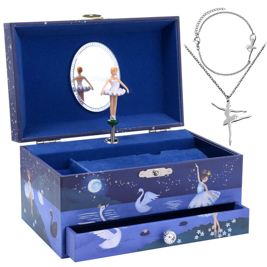 Jewelkeeper Girl's Ballerina Musical Jewelry Storage Box with Pullout Drawer, Glitter Design, Swan Lake Tune