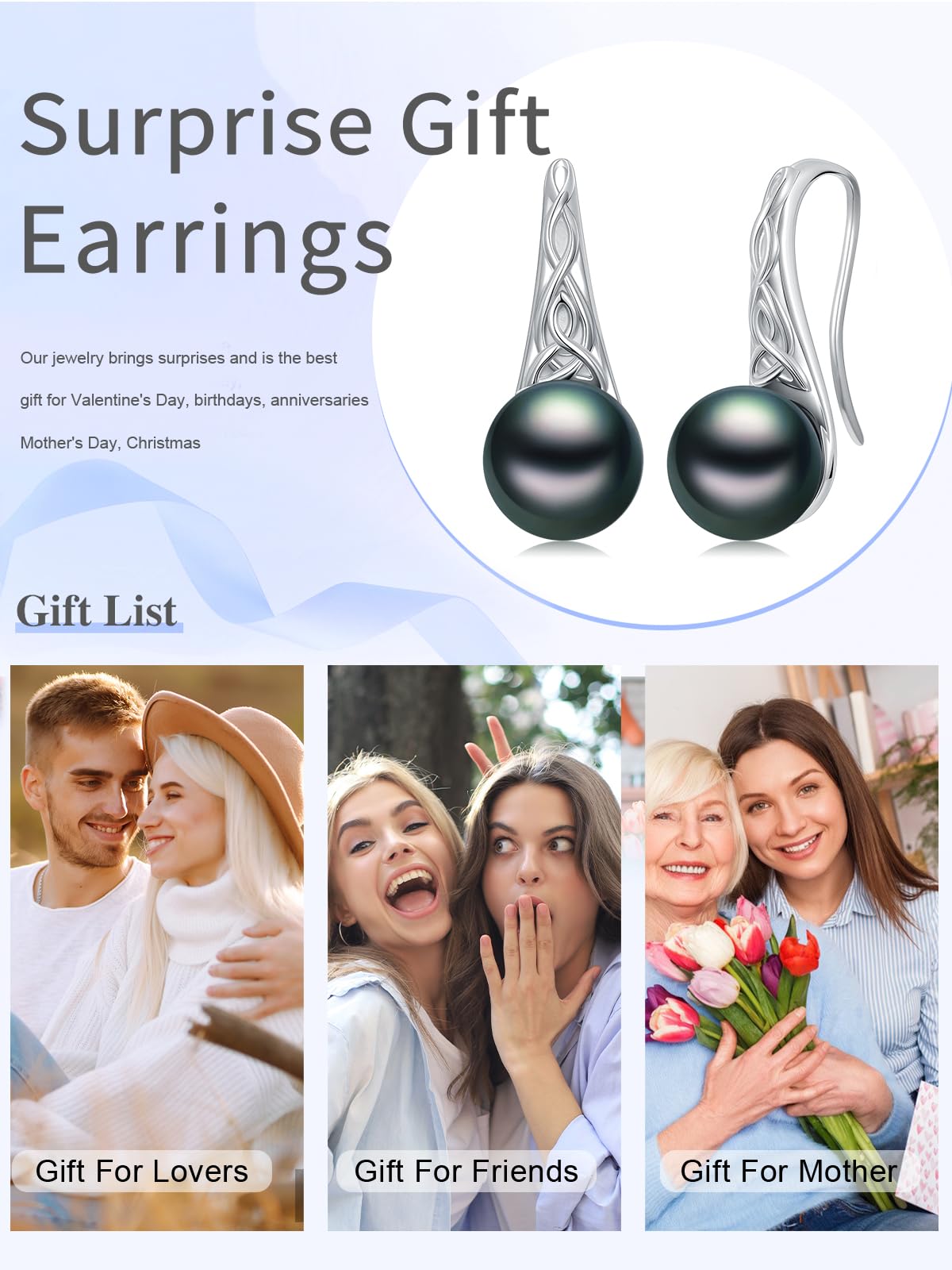 KANNSOAR Tahitian Black Pearl Earrings 18K White Gold Plated Sterling Silver Black Pearl Dangle Earrings Jewelry Gift for Women Mom Wife