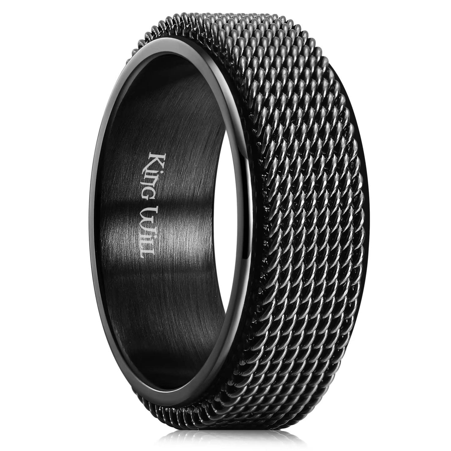 King Will Black 8mm Stainless Steel Chain Mesh Simple Plain Spinner Anxiety Ring for Women Men Wedding Band Ring Fidget Ring Mesh Chain Woven Mesh 8