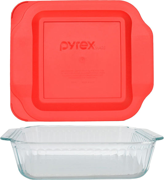 Pyrex 222 2Qt Glass Baking Dish with Red Food Storage Replacement Lid - Made in USA
