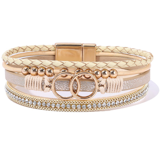 Becklynn Boho Leather Wrap Bracelets Beaded Crystal Stackable Cuff Bracelet with Magnetic Clasp Cowboy Cowgirl County Concert Outfits Western Jewelry Gifts for Women(Infinity Gold)