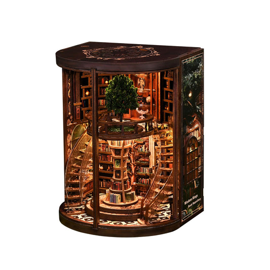 obzergem Book Nook Kit - Wisdom Rings Book Archive - Wooden Bookend and 3D Puzzle with LED Light, DIY Set for Adults, Bookshelf Decoration Diorama Kit, for Birthdays