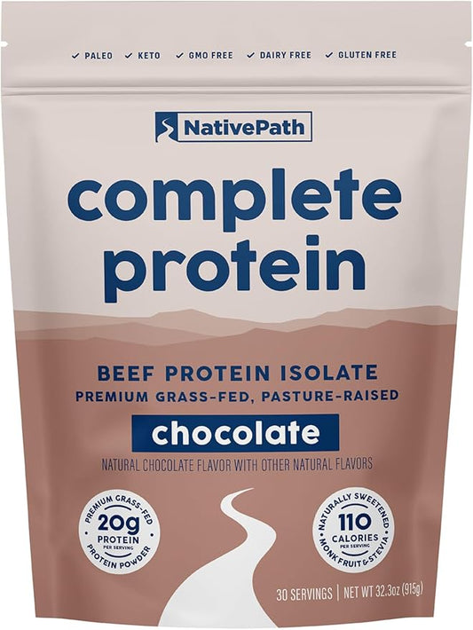 NativePath Complete Beef Protein Powder Isolate ??Grass-Fed, Pasture-Raised, Dairy & Lactose Free, Gluten Free, Zero Sugar, MCTs & Amino Acids ??20g Protein, Chocolate Flavor, 30 Servings